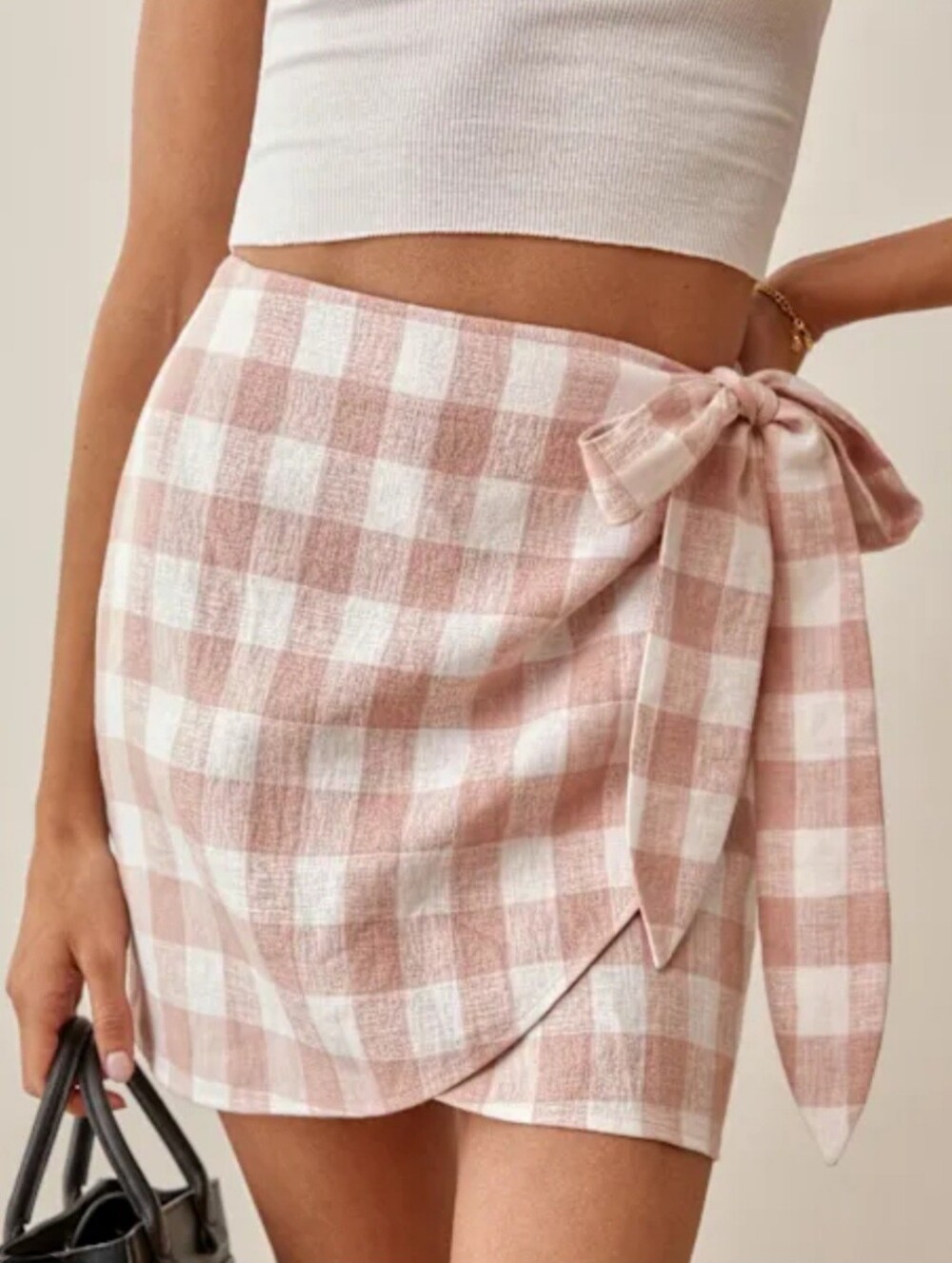 Reformation Sax Linen Wrap Mini Skirt in Primrose Check Gingham Pink White M